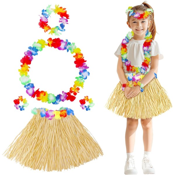toptan-xml-dropshipping-Yetişkin Çocuk Hawaii Parti Seti - 40 cm Naturel Etek + Çiçek Aksesuarlar (5 Parça)