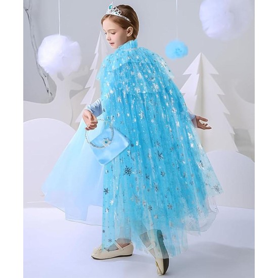 toptan-xml-dropshipping-Karlar Ülkesi Elsa Frozen Mavi Pelerin 80 Cm Kar Desenli Çocuk Pelerini Taç Hariç