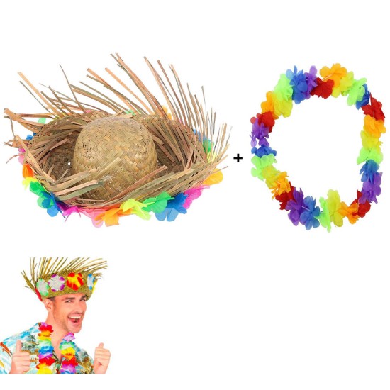 toptan-xml-dropshipping-Hawaii Tarzı Tropikal Çiçekli Hasır Şapka ve Çiçekli Hawaii Kolye