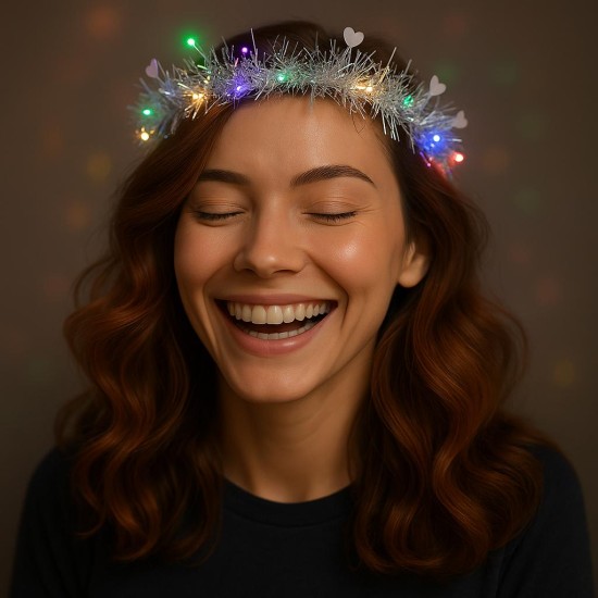 toptan-xml-dropshipping-Kalp Püsküllü Gece Parıltısı 3 Modlu LED'li Işıklı Taç Gümüş Renk