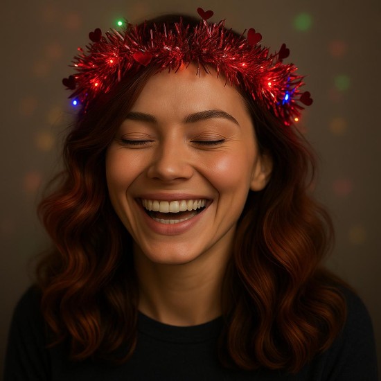 toptan-xml-dropshipping-Kalp Püsküllü Gece Parıltısı 3 Modlu LED'li Işıklı Taç Kırmızı Renk