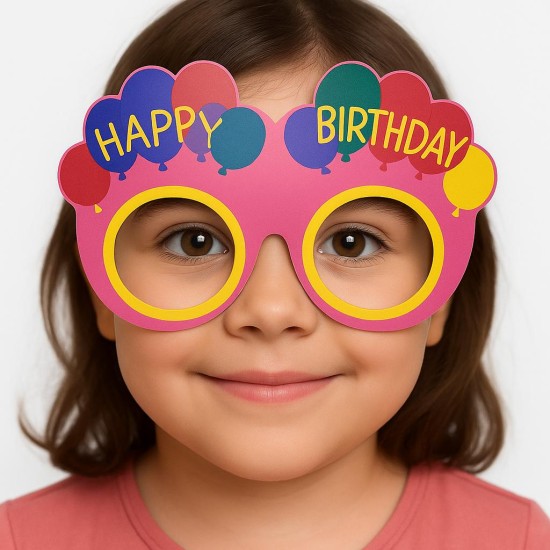 toptan-xml-dropshipping-Balon Desenli Karton Doğum Günü Gözlükleri 6 Adet Pembe Renk