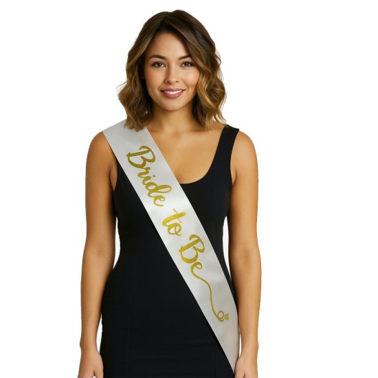 toptan-xml-dropshipping-Beyaz Saten Üzerine El Yazısı İtalik Altın Bride To Be Kuşağı