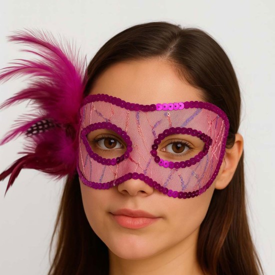 toptan-xml-dropshipping-Fuşya Renk Yandan Tüylü Pul Payet İşlemeli Parti Maskesi 23x12 cm