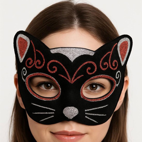 toptan-xml-dropshipping-Kadife Dokulu Sim Detaylı Işıltılı Kedi Maskesi Kırmızı Gümüş 20x13 cm