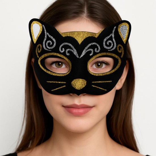 toptan-xml-dropshipping-Kadife Dokulu Sim Detaylı Işıltılı Kedi Maskesi Altın Gümüş 20x13 cm