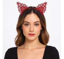 Dantelli Kırmızı Kedi Tacı - Vintage Tarz Dantel Kedi Kulak