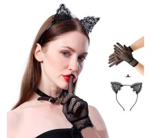 Siyah Kedi Dantel Taç + Eldiven Seti – Parti, Dans ve Kostüm Kombini
