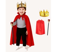 Çocuk Kral Kostüm Seti – Kırmızı Pelerin, Taç ve Asa (90 cm)