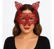 Kırmızı Dantel Kedi Maskesi ve Dantel Taç Seti – Kadın Kostüm Aksesuarı