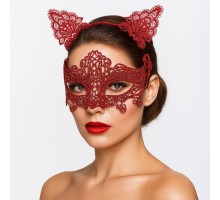 Romantik Kırmızı Dantel Maske Seti – Kedi Kulaklı Taç ve Maske 3 No