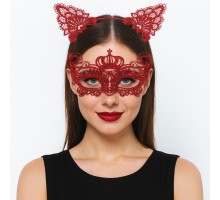 Lüks Kırmızı Dantel Taçlı Maske Seti 2 No - Parti, Balo, Kostüm Aksesuarı