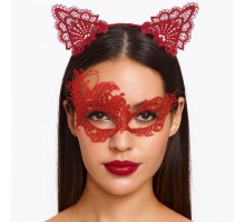 Gizemli Kırmızı Dantel Maske ve Taç Seti 1 No - Kostüm Seti