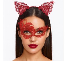 Gizemli Kırmızı Dantel Maske ve Taç Seti 1 No - Kostüm Seti