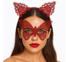 Gösterişli Kırmızı Dantel Maske ve Taç Seti 7 No – Masquerade ve Davetler için