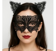 Siyah Dantel Kedi Maskesi ve Taç Seti 8 No – Şık ve Zarif Parti Aksesuarı