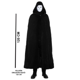 Siyah Kapüşonlu 120 cm Pelerin ve Beyaz Boyanabilir Tam Yüz Maske