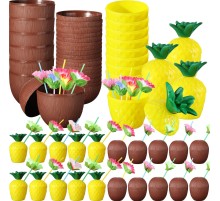 Tropikal Parti Bardak Seti – Ananas ve Hindistan Cevizi Şekilli Pipetli Bardaklar (20 Adet)