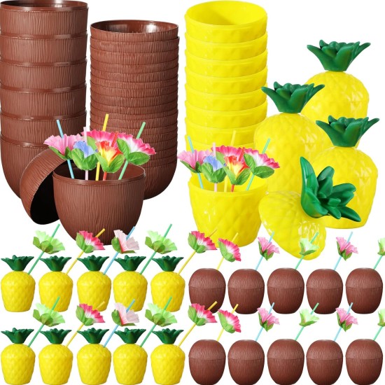 toptan-xml-dropshipping-Tropikal Parti Bardak Seti – Ananas ve Hindistan Cevizi Şekilli Pipetli Bardaklar (20 Adet)