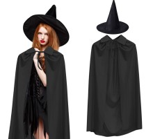 120 cm Siyah Yakalı Pelerin ve Siyah Cadı Şapkası Kostüm Seti