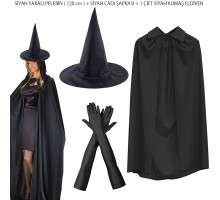 120 cm Siyah Yakalı Cadı Pelerini Cadı Şapkası ve 1 Çift Siyah Kumaş Eldiven Seti 3 Parça
