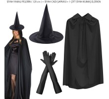 120 cm Siyah Yakalı Cadı Pelerini Cadı Şapkası ve 1 Çift Siyah Kumaş Eldiven Seti 3 Parça