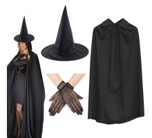 120 cm Siyah Yakalı Cadı Pelerini Cadı Şapkası ve 1 Çift Siyah Kısa File Tüm Eldiven Seti 3 Parça
