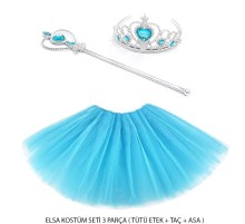 Mavi Prenses Elsa Kostüm Seti 3 Parça (Tütü Etek + Taç + Asa )
