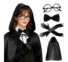 Siyah Kapüşonlu Büyücü ve Cadı Pelerin Kostüm Seti (4 Parça)