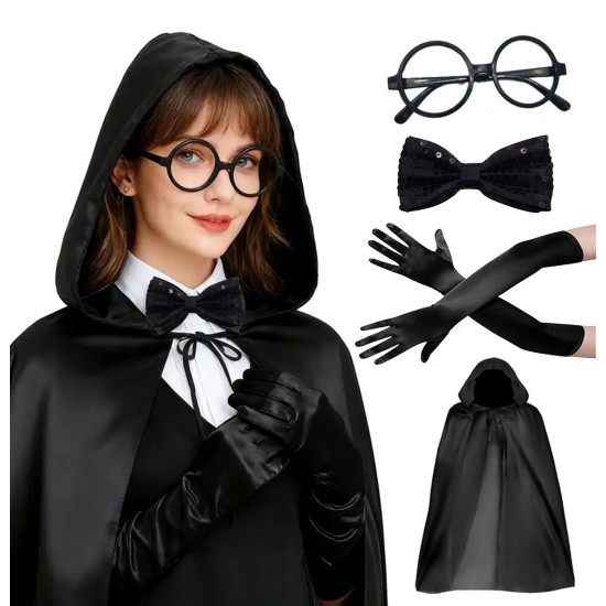 toptan-xml-dropshipping-Siyah Kapüşonlu Büyücü ve Cadı Pelerin Kostüm Seti (4 Parça)