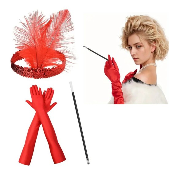 toptan-xml-dropshipping-1920 ler Tarzı Kırmızı Tüylü Saç Bandı Kırmızı Rugan Eldiven ve Sigaralık Seti