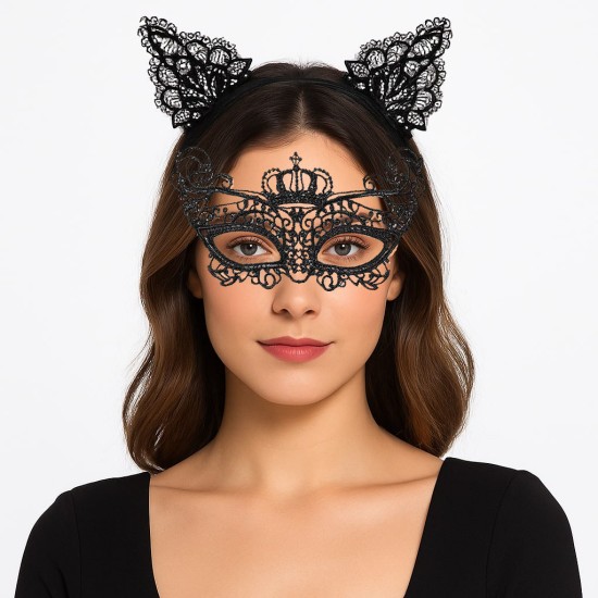 toptan-xml-dropshipping-Parti Gecesi Siyah Dantel Maske ve Taç Seti 9 No