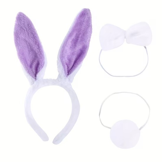toptan-xml-dropshipping-Lila Mor Tavşan Kulak Papyon Kuyruk 3'lü Parti Seti