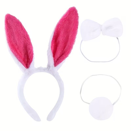 toptan-xml-dropshipping-Fuşya Pembe Tavşan Kulak Papyon Kuyruk 3'lü Parti Seti