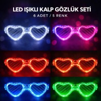LED Işıklı Kalp Glow Pilli Parti Gözlüğü – 6 Adet / 5 Renk Set