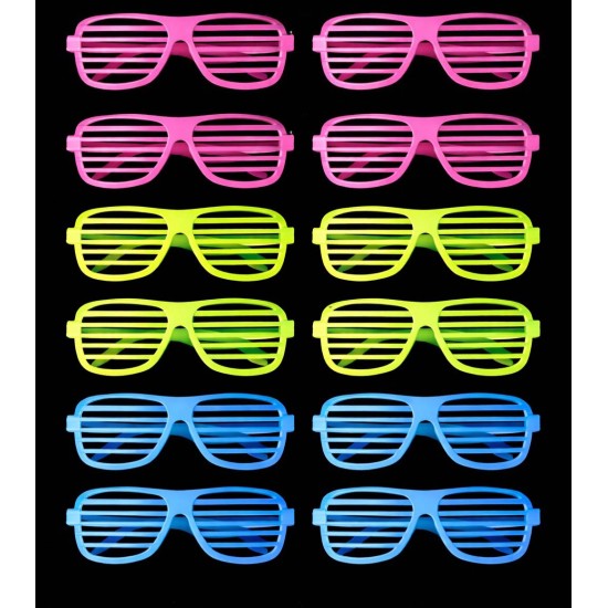 toptan-xml-dropshipping-Retro Neon Fosforlu Panjur Gözlük 12 Adet – 80’ler 90’lar Parti Stili