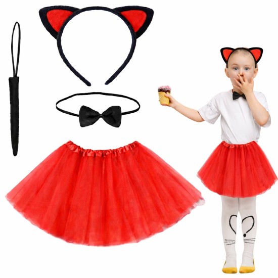 toptan-xml-dropshipping-Kırmızı Renk Etekli Kedi Kostüm Seti (Tütü, Taç, Papyon, Kuyruk)