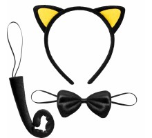 Sarı Kulaklı Kedi Kostüm Seti – Taç Papyon Kuyruk 3 Parça