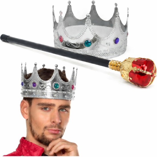 toptan-xml-dropshipping-Gümüş Kral Tacı Kraliyet Tacı 60 cm ve Kırmızı Topuzlu Kral Asası Seti