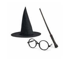Harry Potter Tarzı Çocuk Seti - Siyah Keçe Şapka, Asa, Gözlük