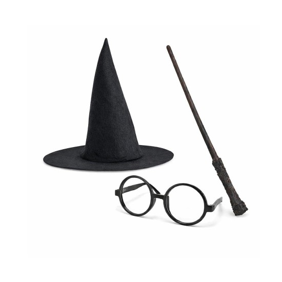 toptan-xml-dropshipping-Harry Potter Tarzı Çocuk Seti - Siyah Keçe Şapka, Asa, Gözlük