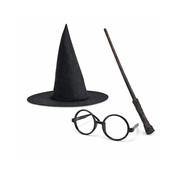 Harry Potter Tarzı Çocuk Seti - Siyah Keçe Şapka, Asa, Gözlük