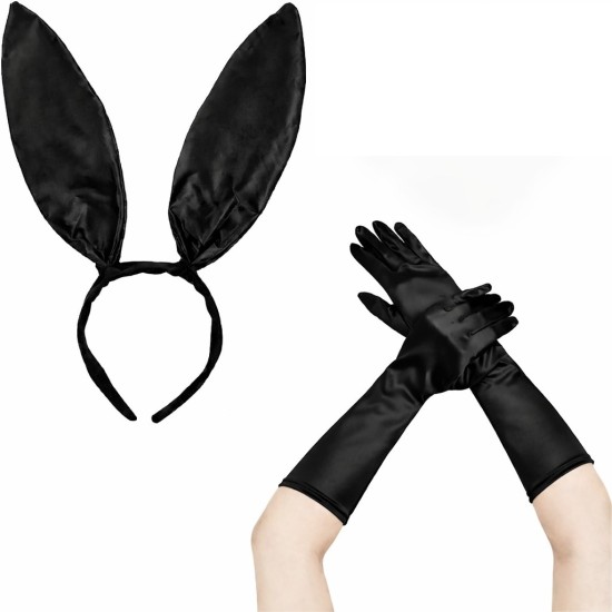 toptan-xml-dropshipping-Siyah Parlak Tavşan Kulak ve 40 cm Parlak Siyah Eldiven Kostüm Seti