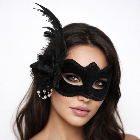 toptan-xml-dropshipping-Beyaz İnci Detaylı Siyah Süet Venedik Kadın Maskesi Tüylü Güllü