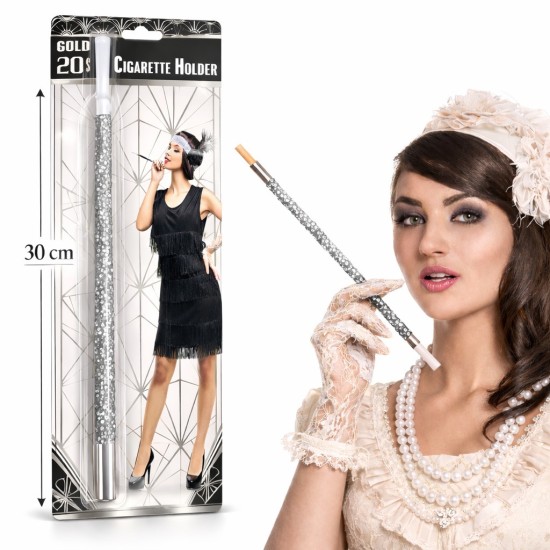 toptan-xml-dropshipping-30 cm Gümüş Payetli Sigara Tutacağı – 1920’ler Gatsby Parti Aksesuarı