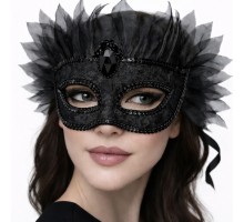 Siyah Taşlı Venedik Maskesi Lüks Tüllü Parti Maskesi