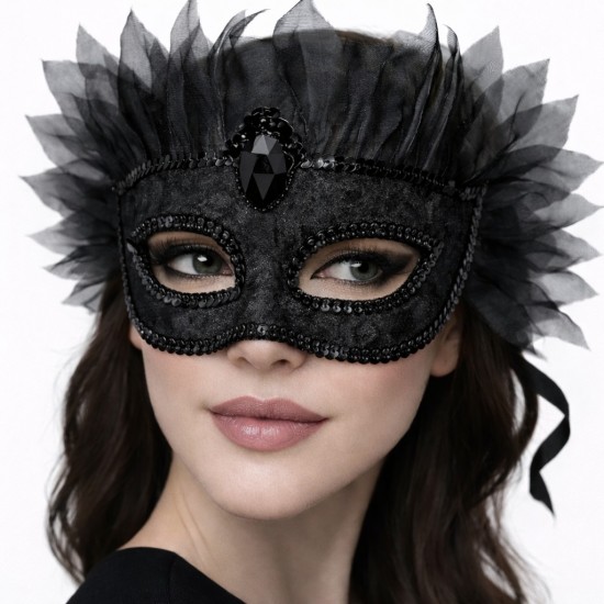toptan-xml-dropshipping-Siyah Taşlı Venedik Maskesi Lüks Tüllü Parti Maskesi