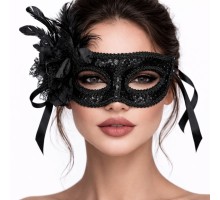 Siyah Venedik Parti Maskesi – Çiçekli Tüylü Payetli