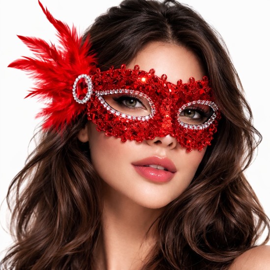 toptan-xml-dropshipping-Kırmızı Taşlı Venedik Parti Maskesi – Tüylü Payetli