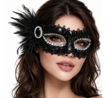 Siyah Taşlı Venedik Parti Maskesi – Tüylü Payetli